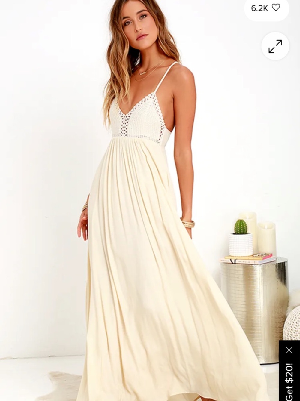 Lulus Hippie Chic Boho Crochet Bodice Maxi Dress - Ivory Cream S Small EUC